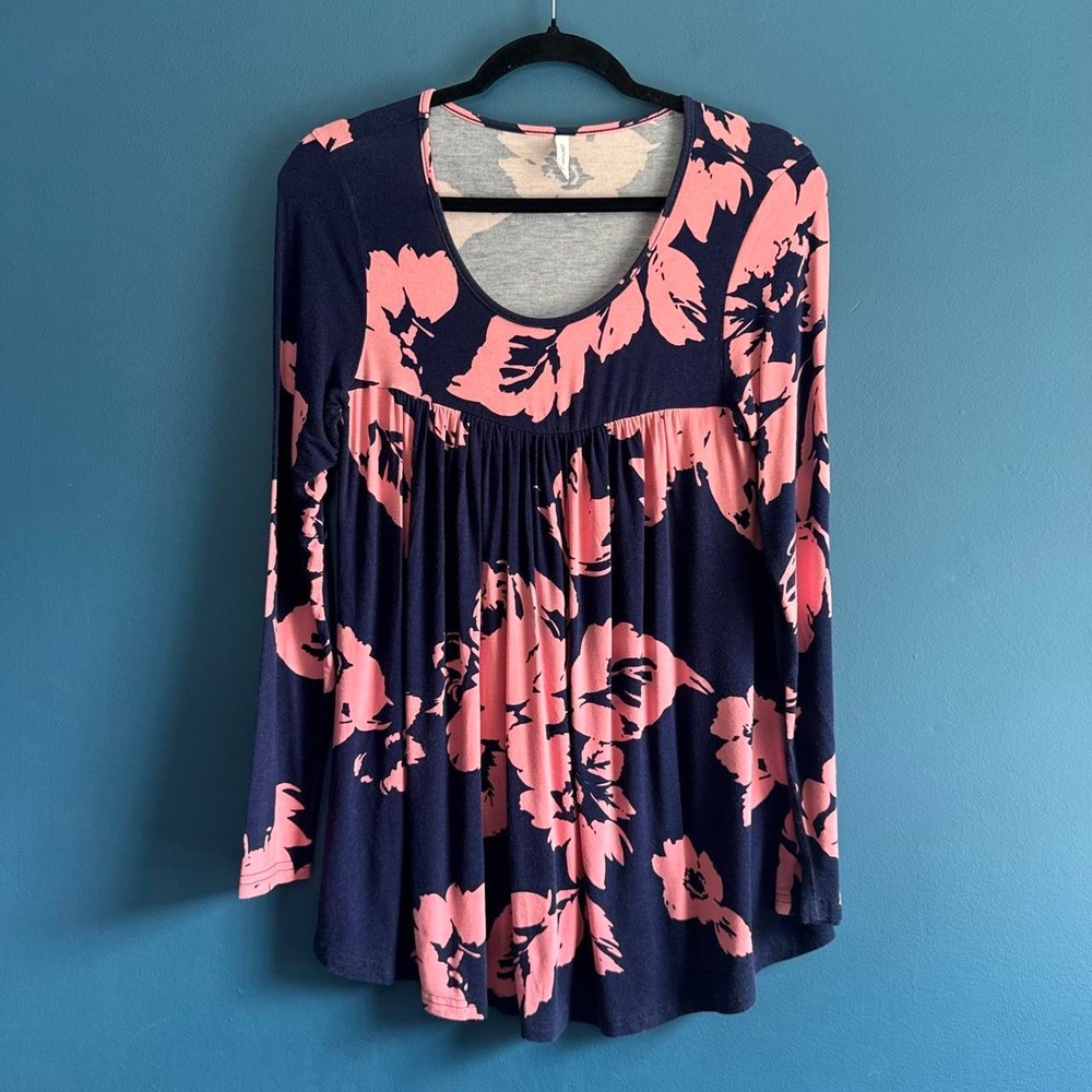Floral Babydoll Top Women's Size Small Blue Pink Longyuan Long Sleeve Stretch